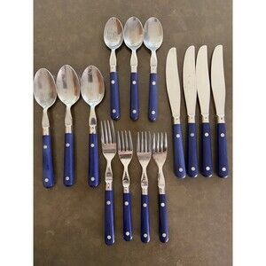 14 Piece Mixed Mardi Gras Blue Stainless Flatware Riveted Handles Korea